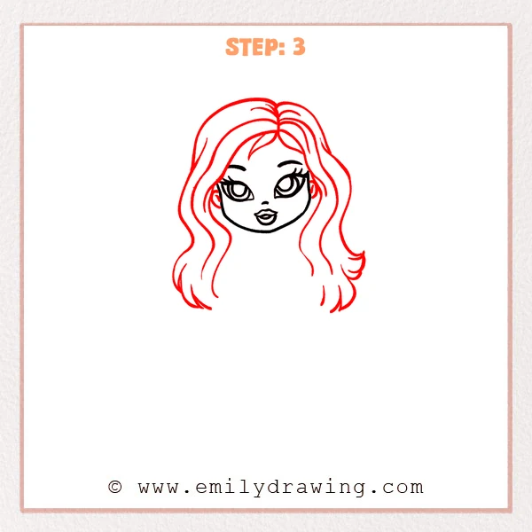 how to draw a bratz doll - A Bratz doll face with long, wavy hair added around the head, including a center part and layered strands.